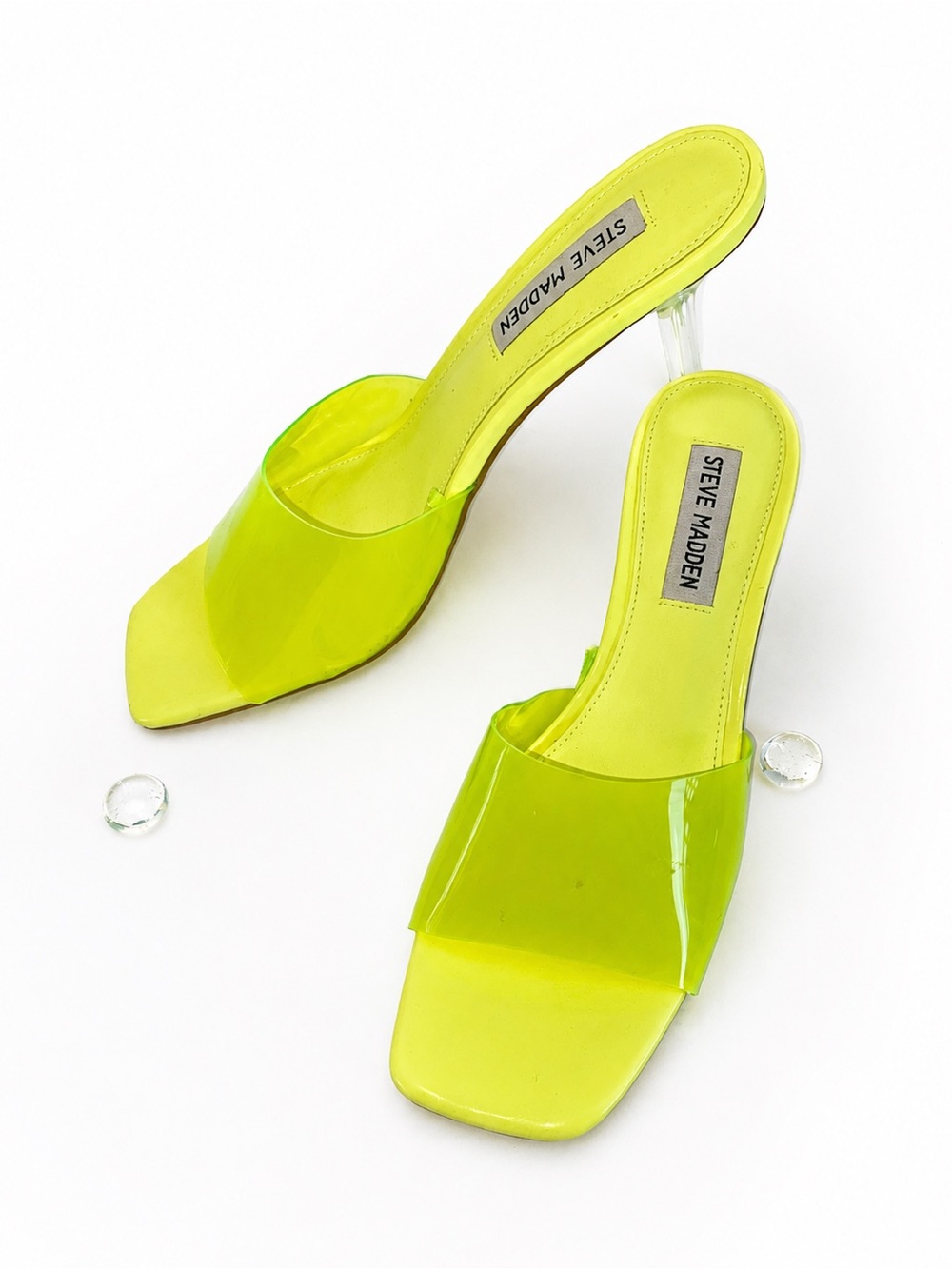☀️ Steve Madden Neon Lime Clear Heel Mules Y2K Festival Lucite Slides Women's 8